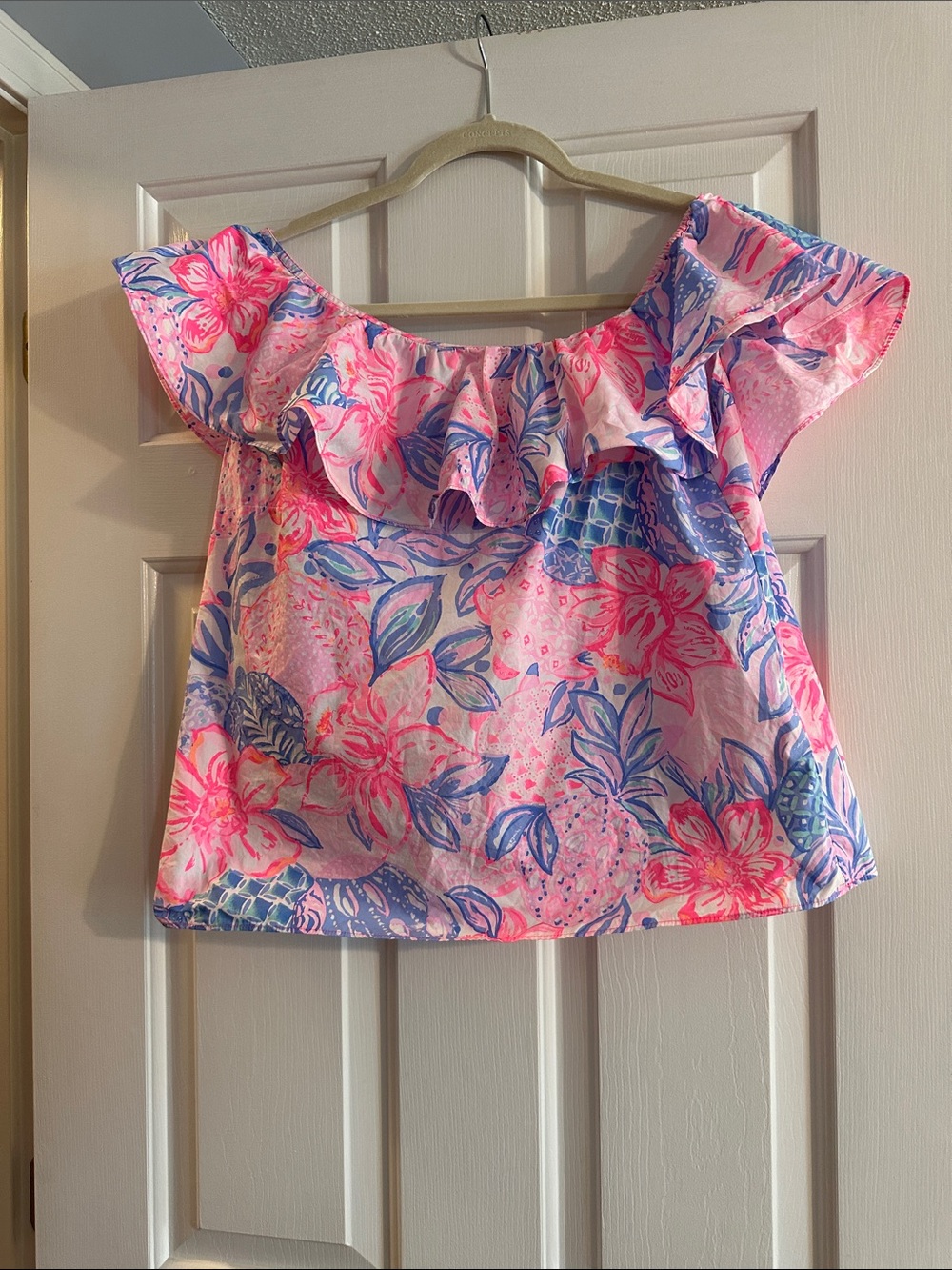 Lilly Pulitzer Pink & Blue Floral Off-Shoulder Ruffle Top
